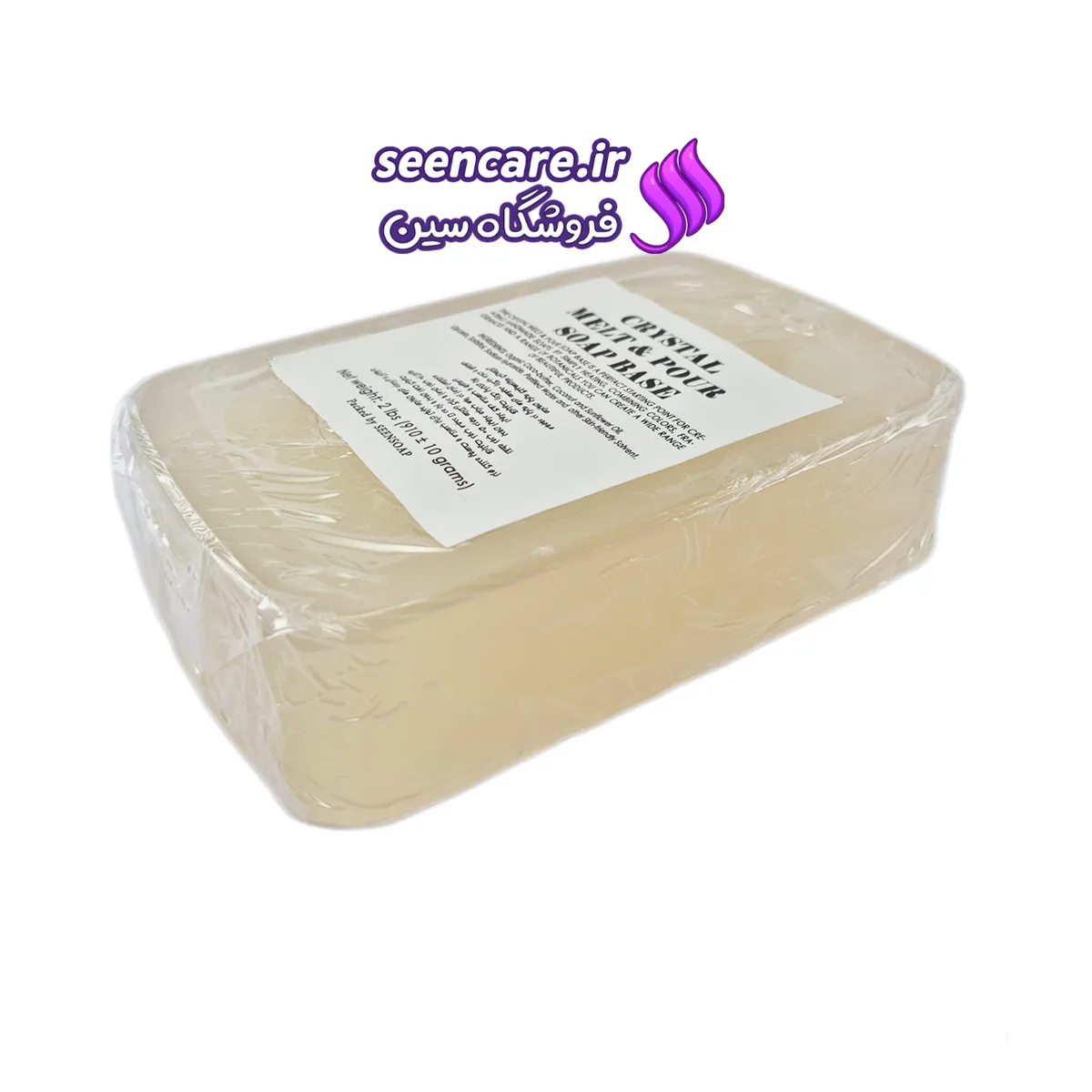 پایه صابون نیمه شفاف کریستال ۹۱۰ گرمی بلوک بزرگ پایه صابون نیمه شفاف با رنگ عسلی گرم و طبیعی که در بستهبندی سلفنی قرار گرفته است